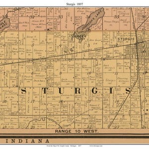May include: A vintage map of Sturgis, Indiana, from 1897, with the title at the top. The map features the names of lakes, roads, and landowners. The map is in shades of tan and brown.
