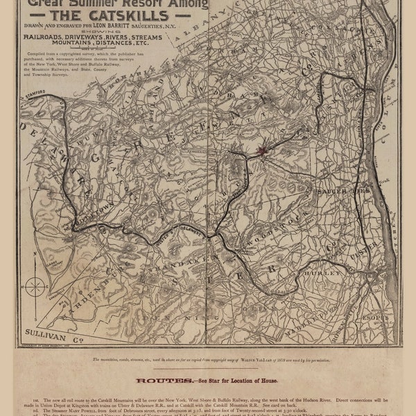 The Catskills 1883  Old Map - Historic - Custom Print New York Regional