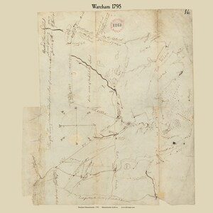 May include: A black and white hand-drawn map of Wareham, Massachusetts from 1795. The map shows the layout of the town with roads, rivers, and other features. The map is titled "Wareham 1795" and includes the text "Copy'd from the Survey of Inhabits of Wareham."