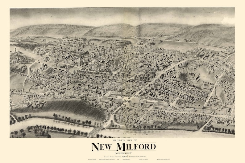 Downtown New Milford Connecticut 1906 Birds Eye View CT Custom Etsy