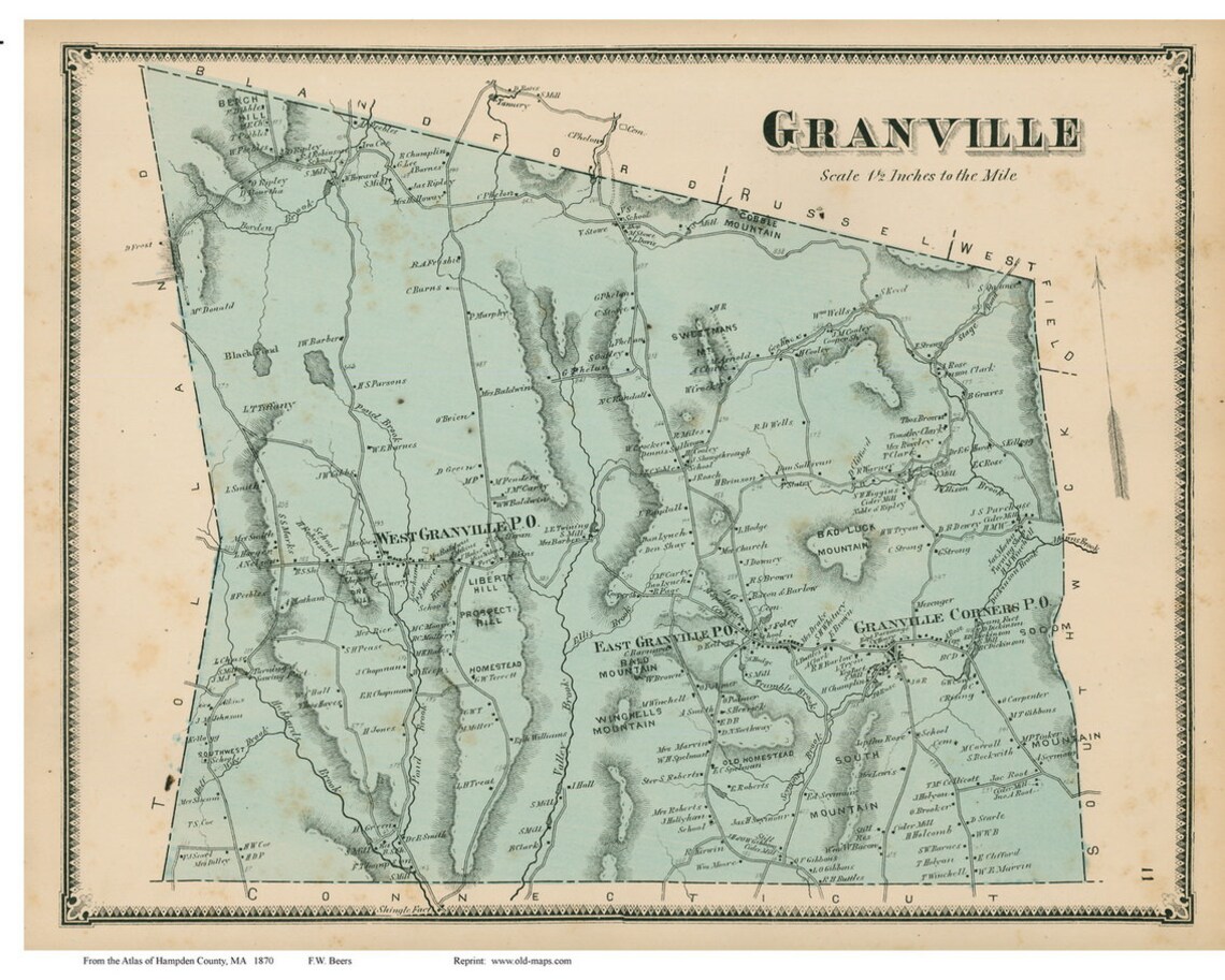 Granville 1870 Old Town Map Reprint Hampden County, Massachusetts