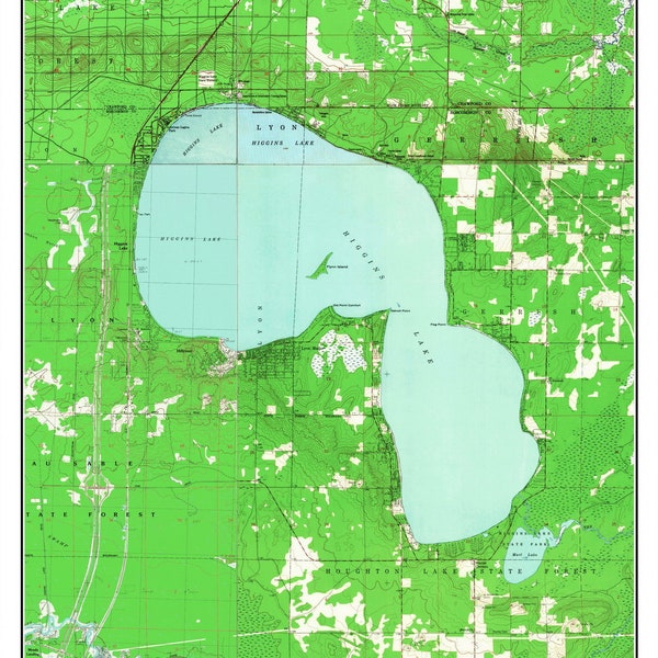 Topographic Map Higgins Lake Etsy