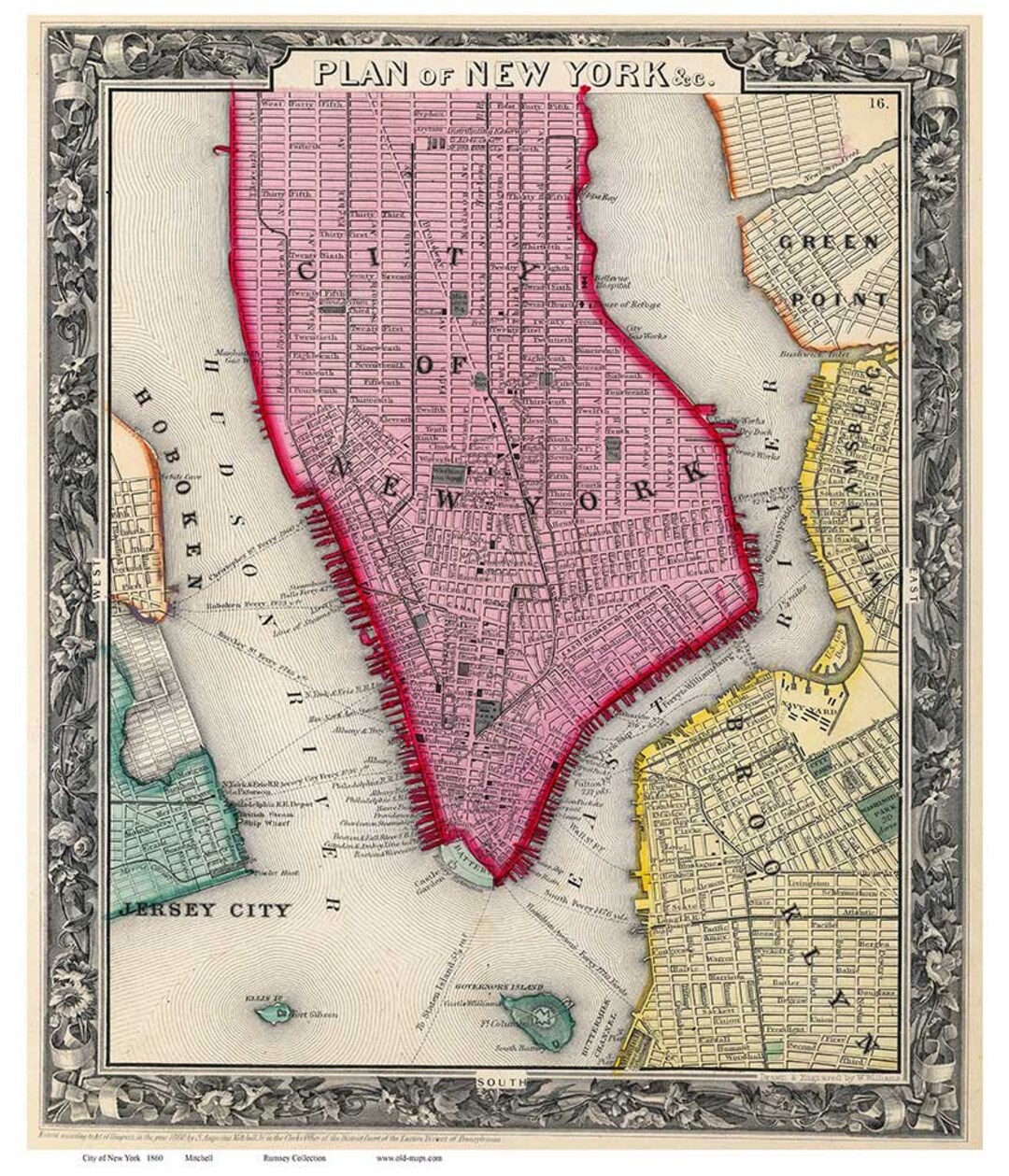 New York City 1860 Map by Mitchell Reprint NYC Etsy
