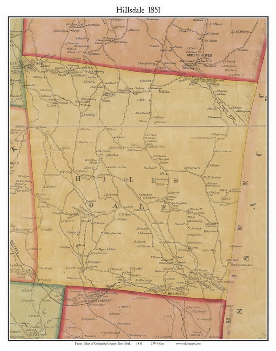 Hillsdale 1851 Old Town Map With Homeowner Names New York Reprint
