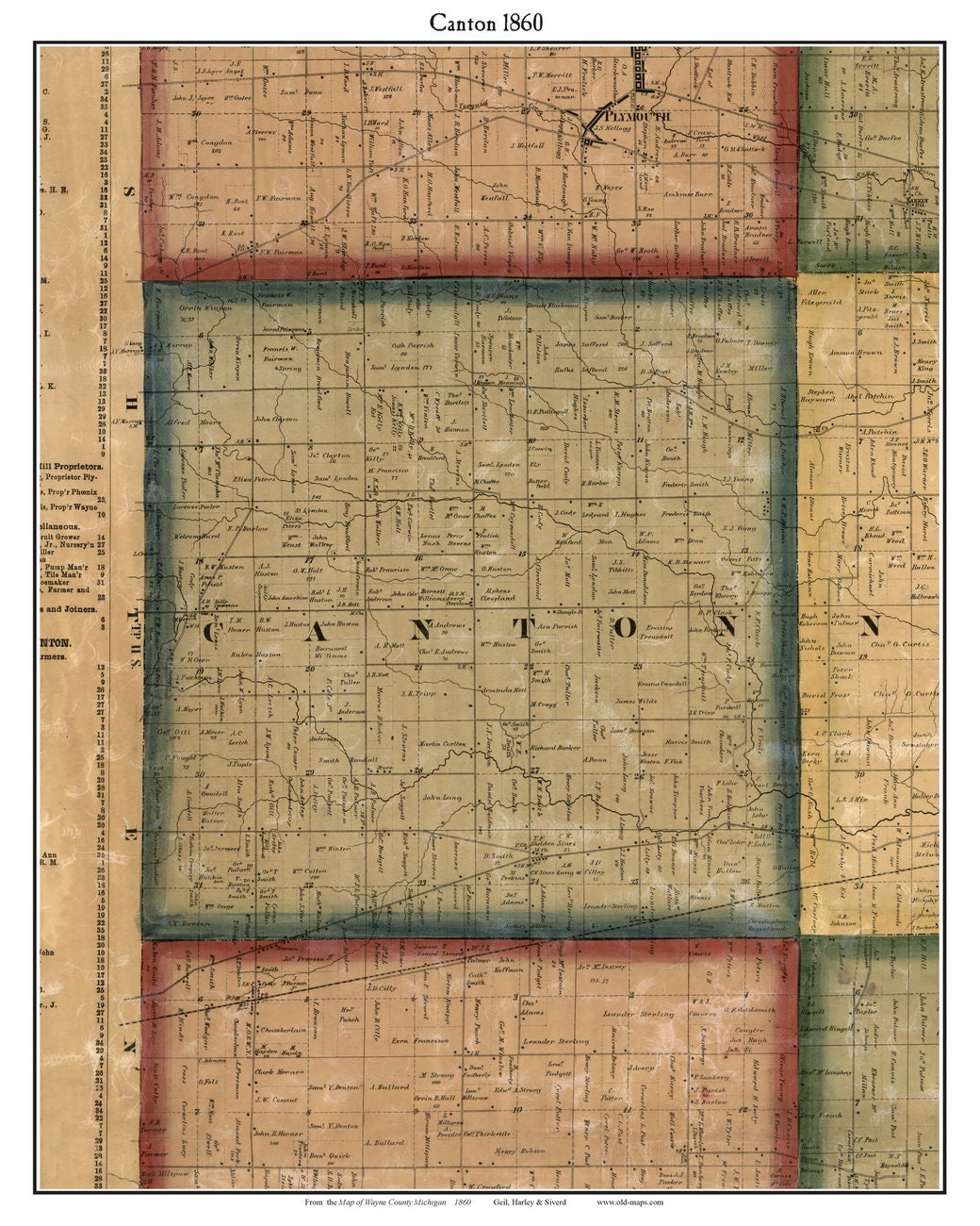 Canton 1860 Old Town Map With Homeowner Names - Michigan - Reprint