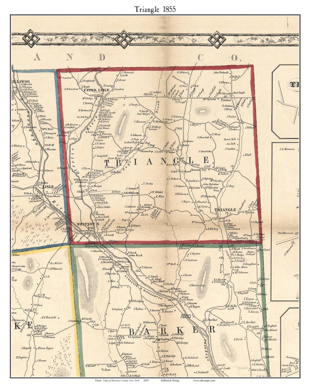 Triangle 1855 Old Town Map With Homeowner Names New York Reprint