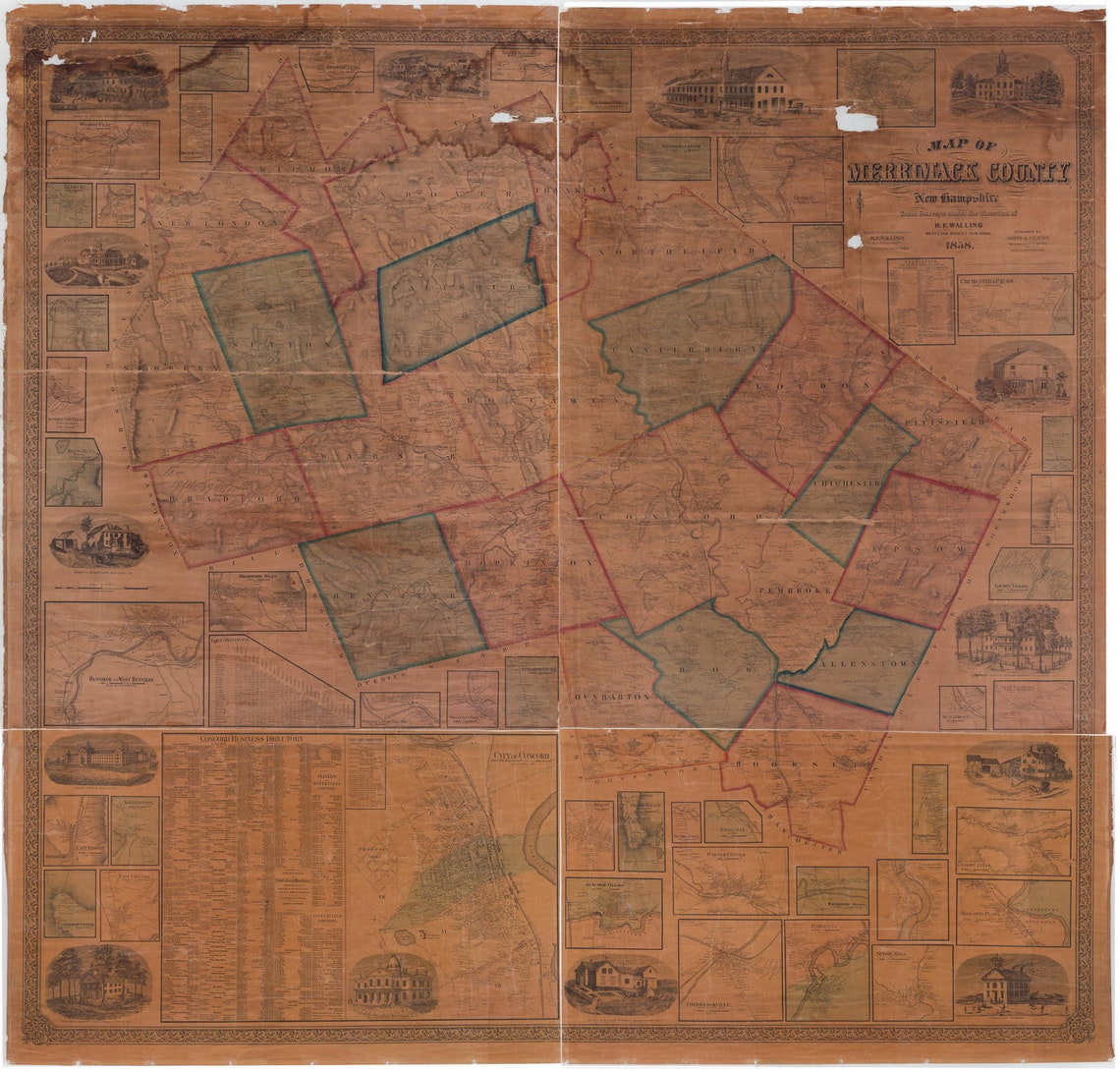 Merrimack County NH 1858 Map Original Wall Map Homeowner Etsy UK