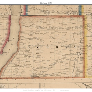 May include: A vintage map of Gorham, New York, from 1859. The map features detailed geographical information, including the outline of a lake and the town's layout. The title "Gorham 1859" is displayed at the top. The map is printed on aged paper.