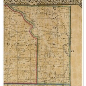 May include: An antique map of Harrison County, Indiana, from 1860. The map is in a vintage style with a beige background and brown lines. The map shows the names of towns, rivers, and other geographical features. The map is titled "Harrison 1860".