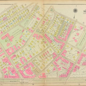 May include: A vintage map of Brookline, Massachusetts, showing streets, parks, and buildings. The map is printed in black, red, and yellow on a cream-colored background. The map is labeled "Plate 13" and "Part of the Town of Brookline".