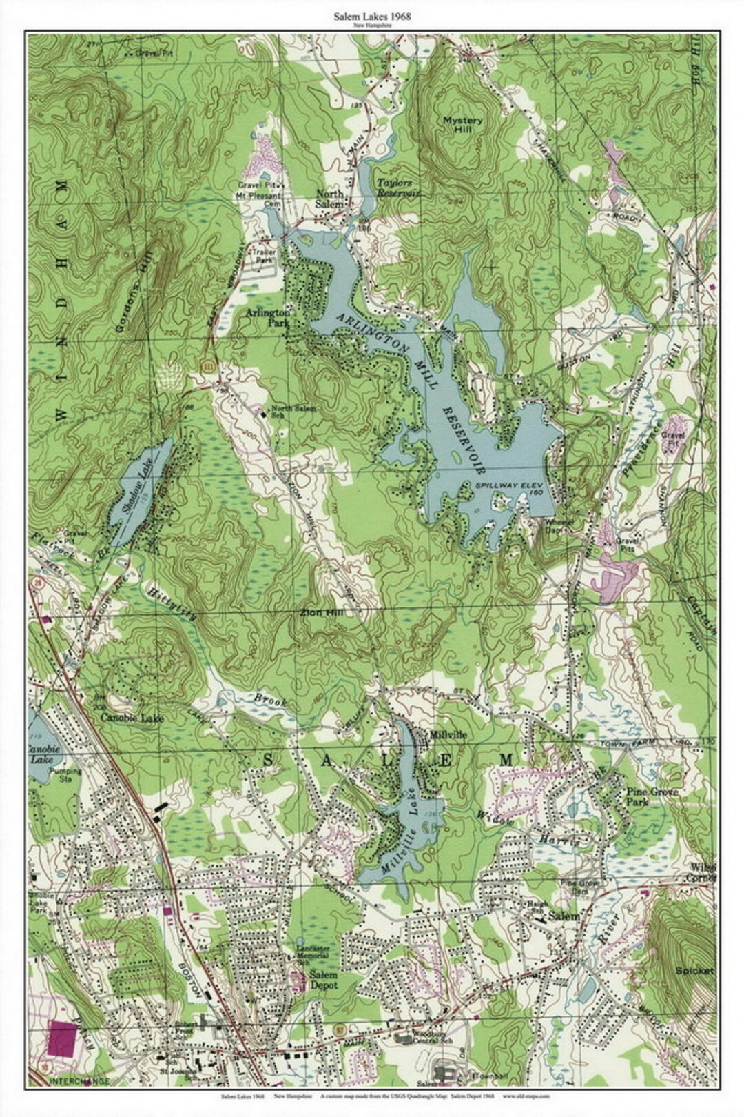 Salem Lakes 1968 Old Topographic Map USGS Arlington Mill Reservoir