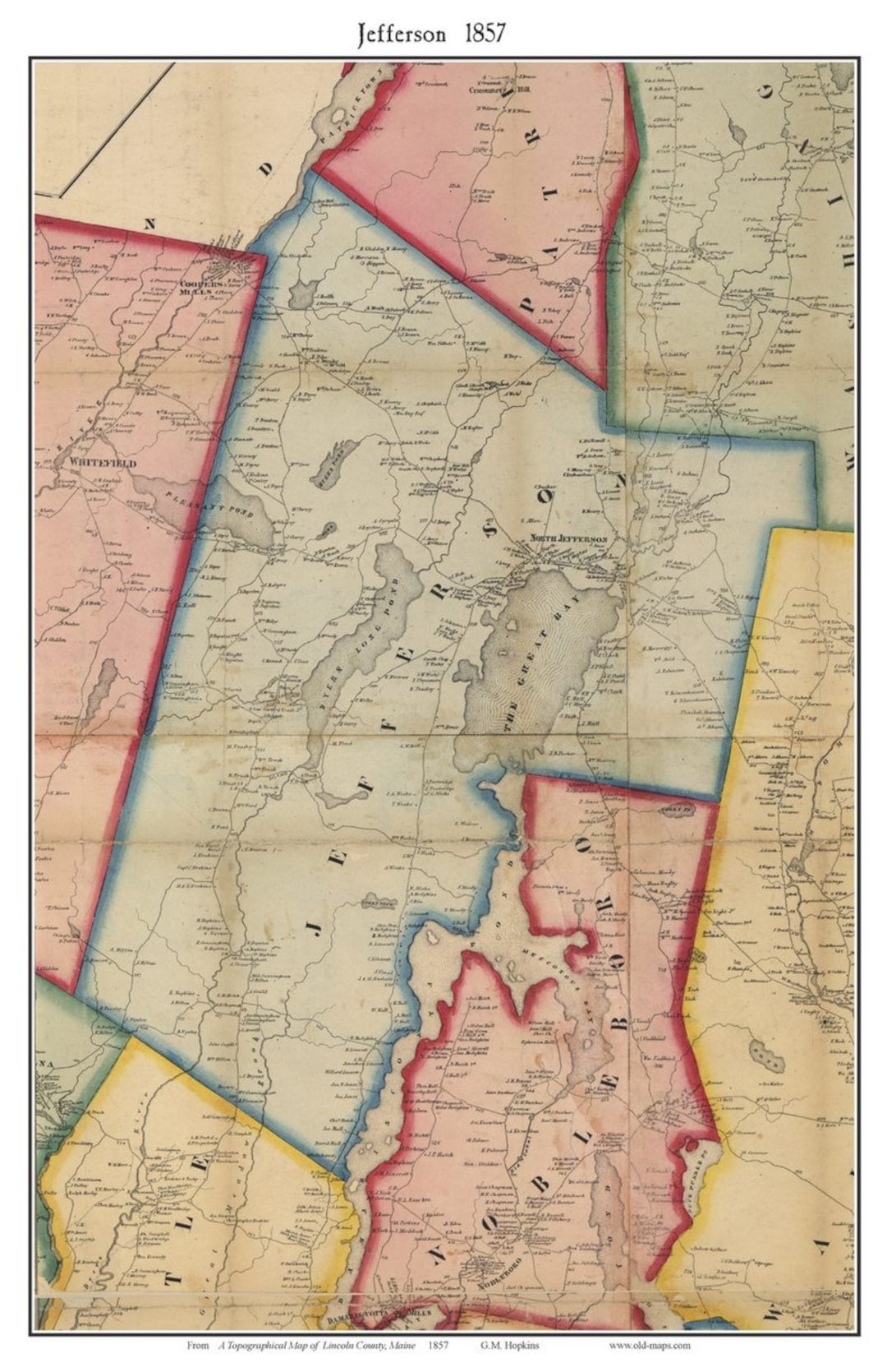 Jefferson 1857 Old Town Map With Homeowner Names Maine Nobleboro
