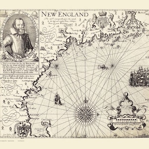 May include: A vintage map of New England, featuring intricate line work and historical details. The map includes a portrait of John Smith, compass rose, sailing ships, and text. The map is printed in black ink on a cream-colored background.