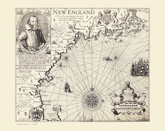 May include: A vintage map of New England, featuring intricate line work and historical details. The map includes a portrait of John Smith, compass rose, sailing ships, and text. The map is printed in black ink on a cream-colored background.