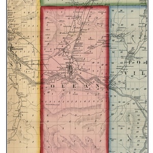 May include: An antique map of the town of Olean, New York, from 1856. The map is divided into numbered sections, with the town of Olean located in the center. The map is printed in shades of brown, green, and blue, with the town of Olean highlighted in red.