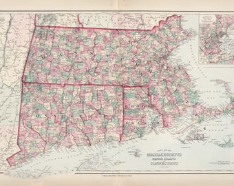 Massachusetts Rhode Island Connecticut 1878 Old Map  - O.W. Gray State Map USA Atlas