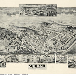 Midland, Maryland - 1905  - Birds Eye View Old Map Reprint