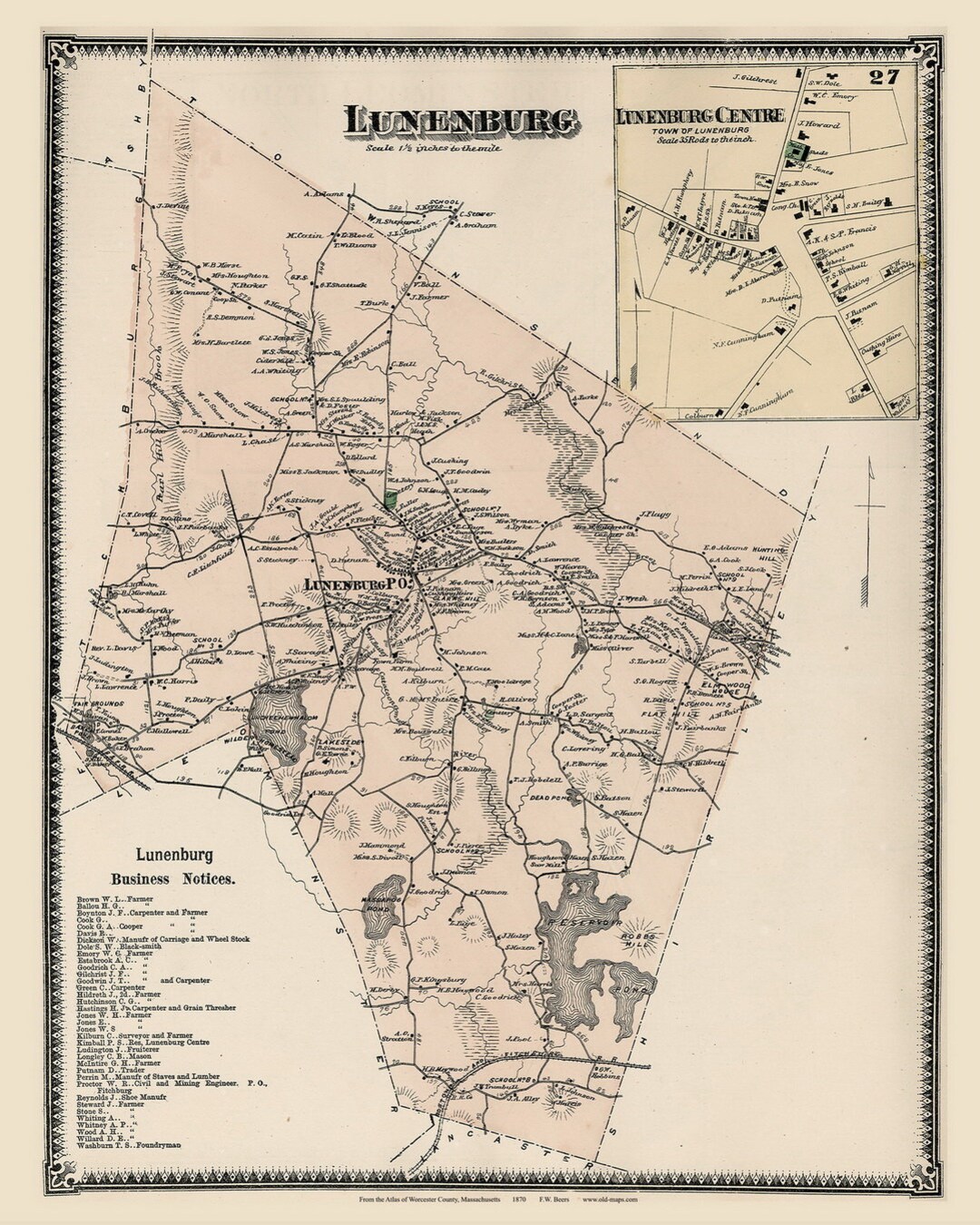 Lunenburg 1870 Lunenburg Center Old Town Map With Homeowner Names