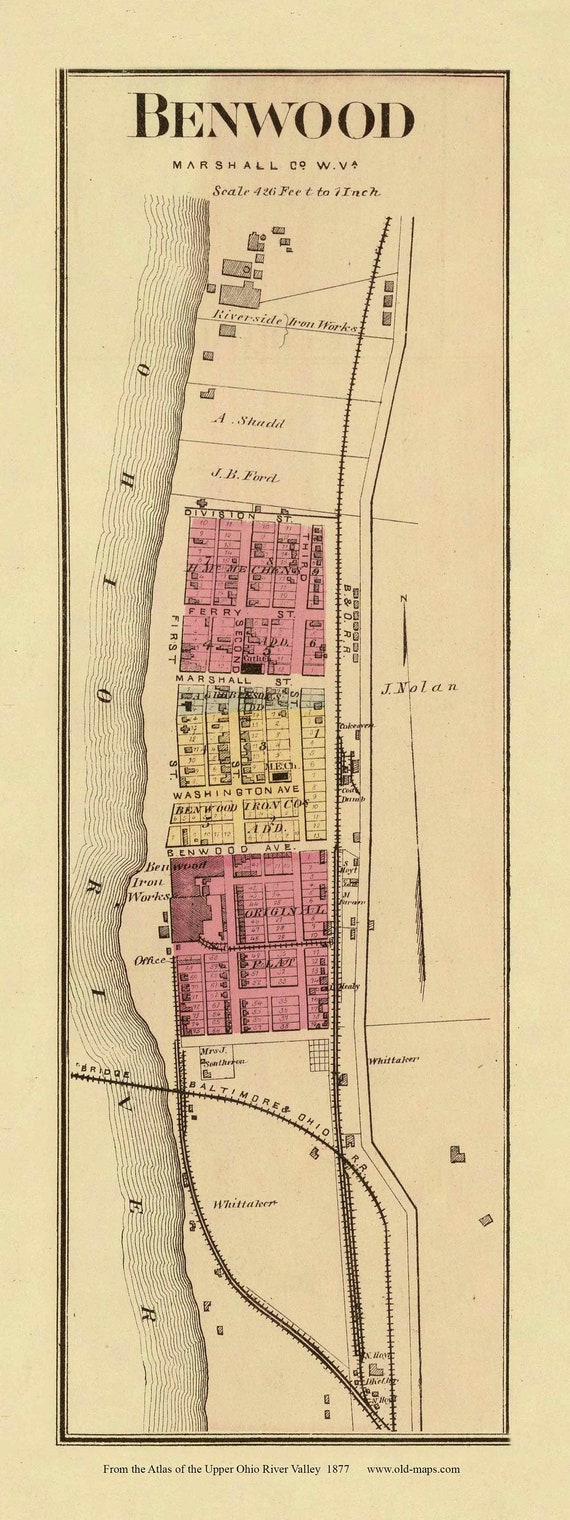 Benwood 1877 Old Town Map Marshall County West Virginia Ohio Etsy