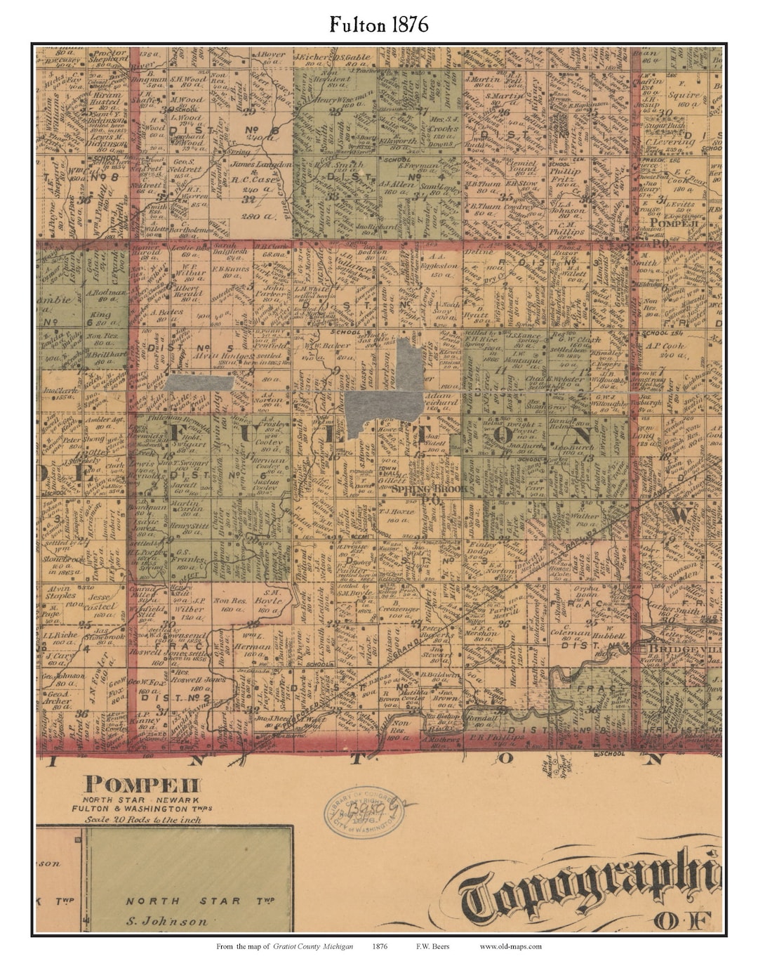 Fulton 1876 Old Town Map With Homeowner Names - Spring Brook Michigan ...