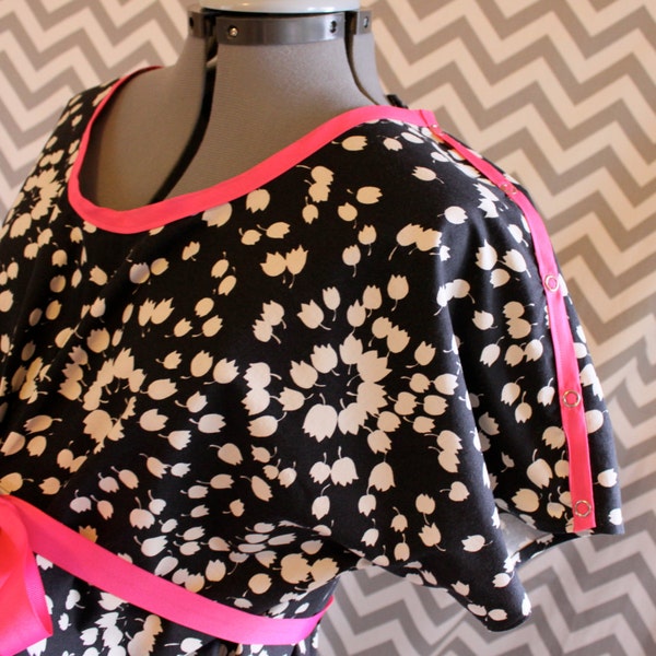 Labor and Delivery Hospital Gown-Dress, Custom Maternity Gown, Black and Cream petals