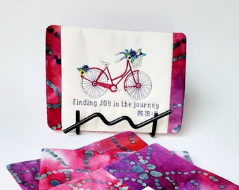 Mug Rug Embroidered Bicycle Coaster Pink Purple Batik Drink Coaster Washable Reversible Greeting Card Gift Giving Vase Mat Set of 2