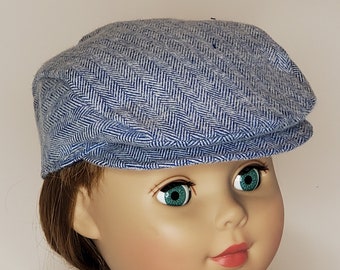 18 Inch Doll Newsboy Cap, Light Blue Shetland Flannel Cabbie Hat