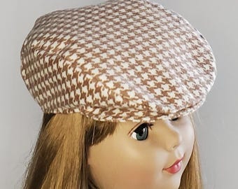 18" Doll Flat Cap Tan & Creme Check, Flannel Newsboy Hat