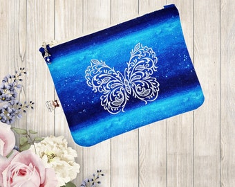 Butterfly Embroidered zipper pouch travel blue cosmetic makeup coin purse gift school supply ostomy essentials hearing aid case face mask