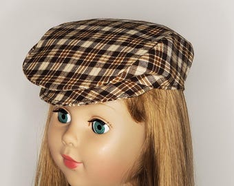 18" Doll Plaid Flat Cap: Tan Brown Cream Newsboy or Irish Pub Cap