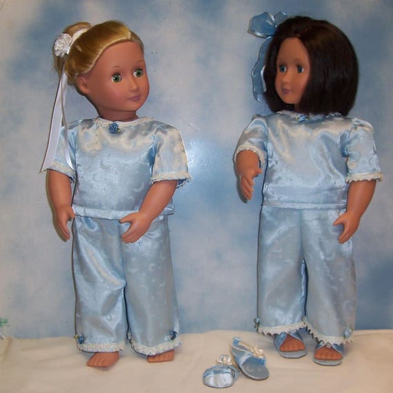 Light Blue Satin Pajamas /& Slippers fits 18 inch American Girl Doll Clothes