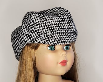 Doll Newsboy Cap, Black White Houndstooth Flannel, 18 Inch Doll
