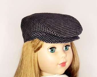 18" Doll Newsboy Cap, Gray Flannel Houndstooth Mini Check Hat
