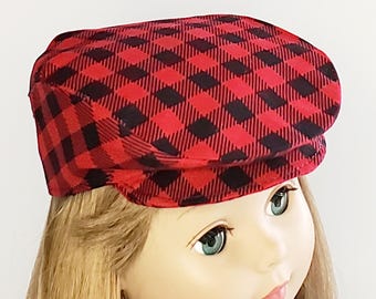 18" Doll Flat Cap Red and Black Brushed Plaid Flannel