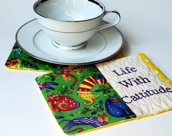 Cat Mug Rug Set: Laurel Burch Enchanted Cats, Quilted Coaster (Set of 2)