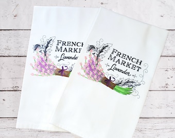Embroidered Lavender Flour Sack Towel, French Country Kitchen Decor