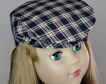18" Doll Plaid Flat Cap: Navy Blue Cream Newsboy or Irish Pub Cap
