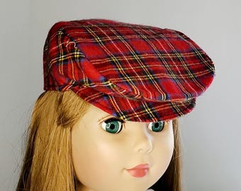 18" Doll Flat Cap: Red Plaid Flannel Newsboy Hat
