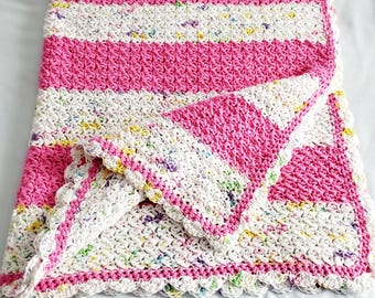 Crib Blanket Pink Baby Stroller Car Seat Comforter Security Blanket Hand Crocheted 100% Cotton