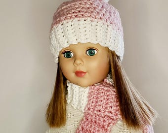 Crochet Doll Beanie and Scarf Set, Metallic Yarn, Fits American Girl Doll