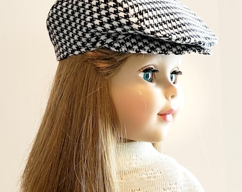 18" Doll Flat Cap: Black & White Check, Flannel Newsboy Hat