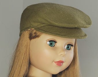 18 Inch Doll Olive Flannel Newsboy Cap, Cabbie Hat Irish Pub Hat