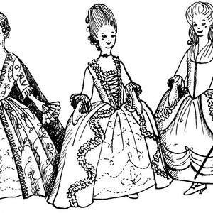 May include: Line drawing of five women in historical gowns. The dresses feature intricate details, including ruffles, lace, and decorative accents. Each figure has a unique hairstyle and pose, suggesting a variety of styles from a specific historical period.