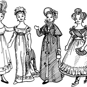 May include: Four black and white line drawings of women in different styles of dresses from the early 19th century. The women are wearing bonnets, hats, and gloves.