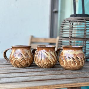 Handmade Terra Cotta Mug: Red Gold Glaze, Carved Design