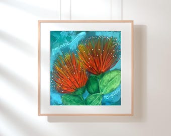 Ohia Lehua Art Print, Hawaii artist, giclee print, wood panel, 8" x 8"
