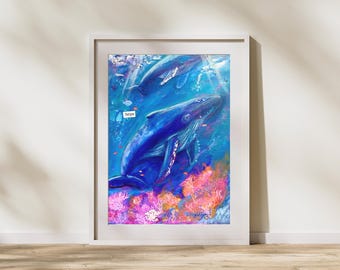 Hunchback Whale Print, Hawaii artist. wood panel, 8" x 10", 11" x 14"