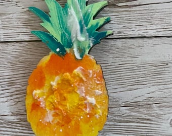Hand-Painted Pineapple Wood Magnet, Hawaii Art