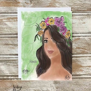 Carte de correspondance Wahine, carte d'art fantaisiste, fille hawaïenne avec lei haku, carte de voeux Hawaï, carte vierge, papeterie pliée, fabriquée à Hawaï