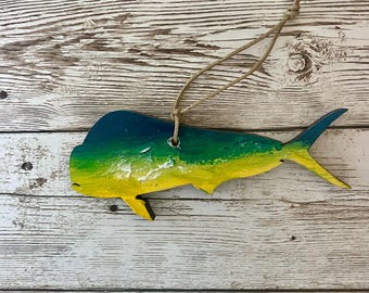 Hand-Painted Mahi Mahi Wood Ornament, Hawaii Art, Fishing Gift